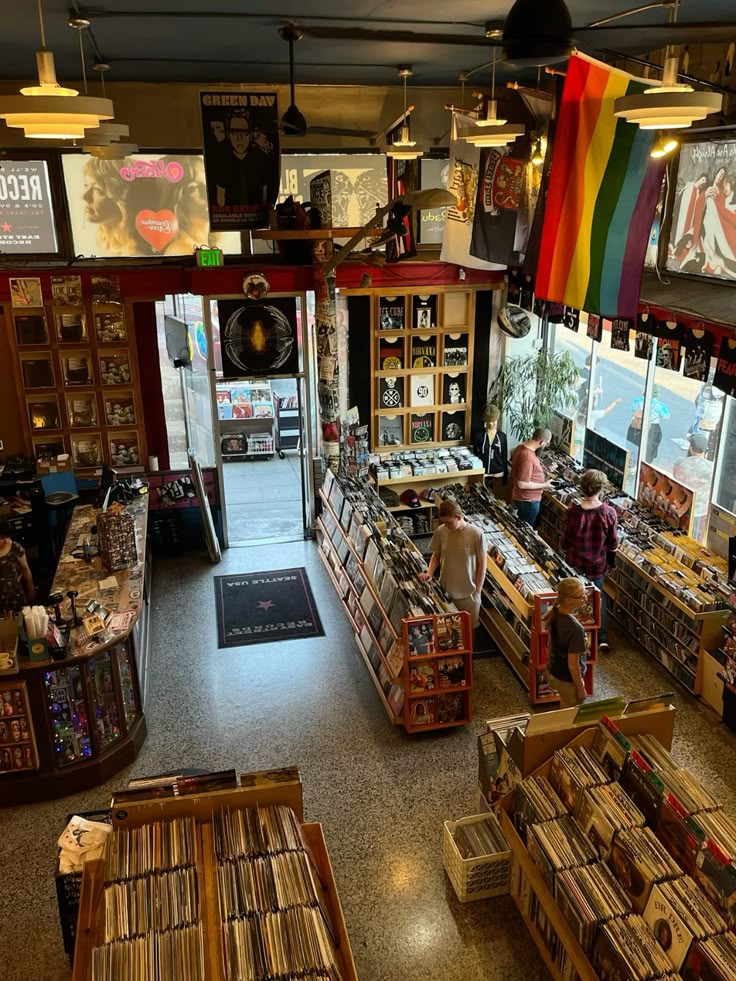 Vinyl records displayed beside a record player
